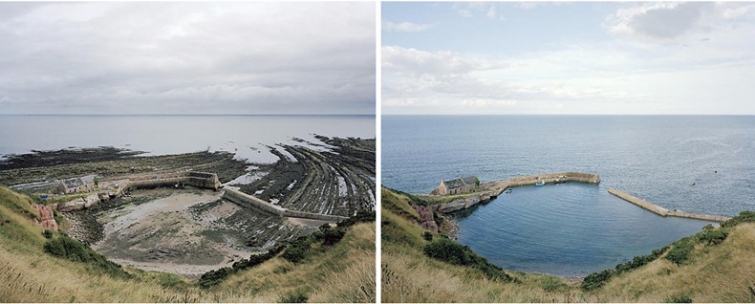 Разница между фотографиями берегов во время приливов и во время отливов